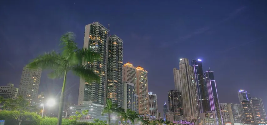 Panama City skyline at night with waterfront towers and palm trees