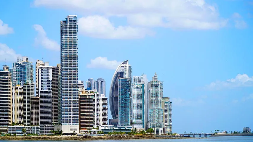 Panama City skyline with modern waterfront towers along the bay